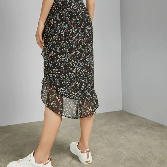 Ted Baker Skirt Kassiia Midi Faux Wrap Ruffled Floral Print Black Size 8 - 10 - Picture 6 of 12